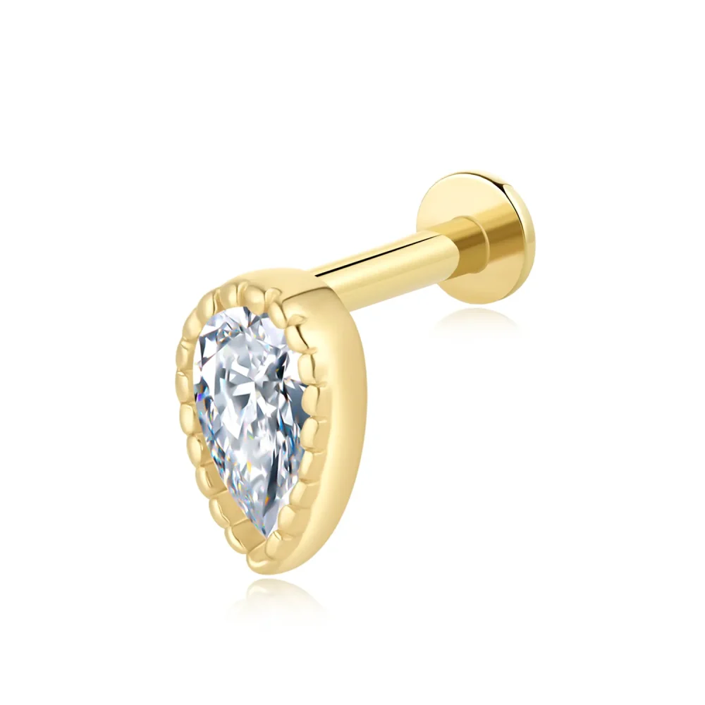 14K Solid Gold Threadless Labret Stud with CZ Stone Teardrop Design