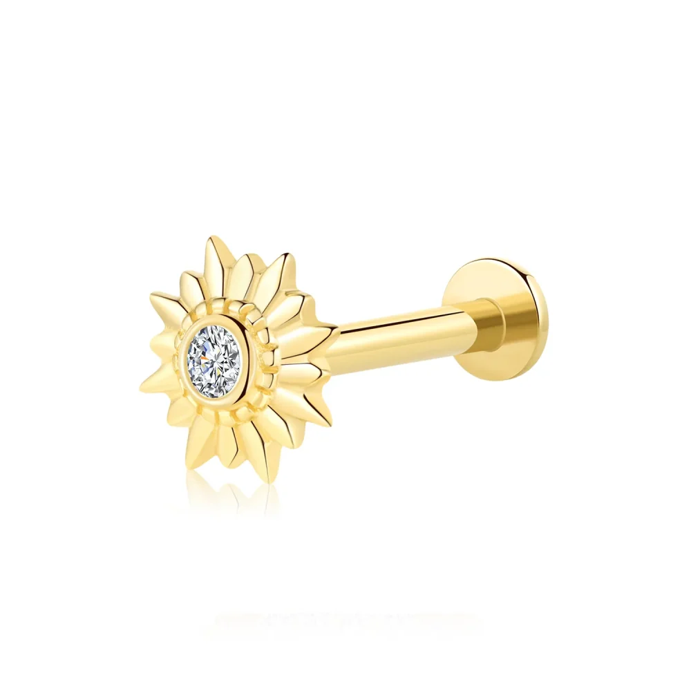 14K Solid Gold Threadless Sun Labret Stud with CZ Stone