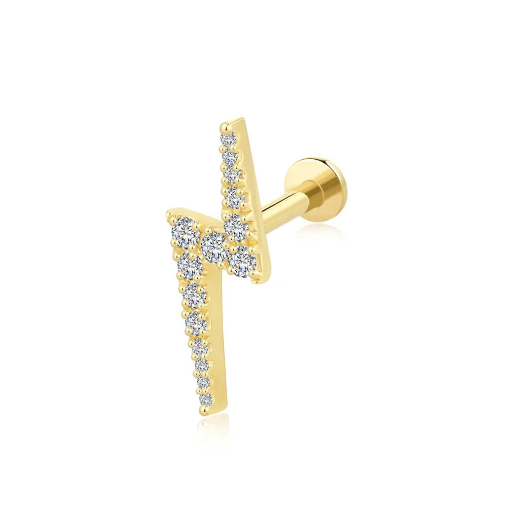 14K Solid Gold Lightning Bolt Design Threadless Labret Stud with CZ Stone