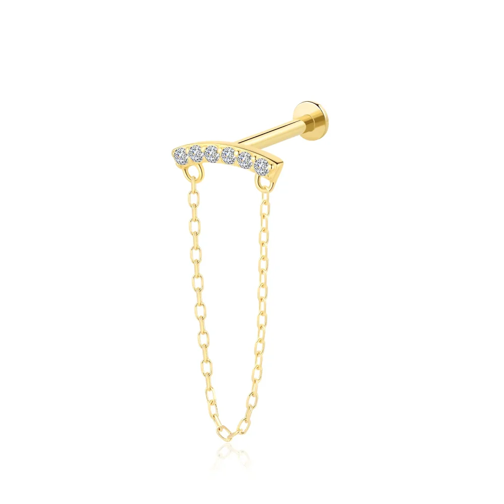 14K Solid Gold Threadless Labret Stud with CZ Stones and Gold Chain