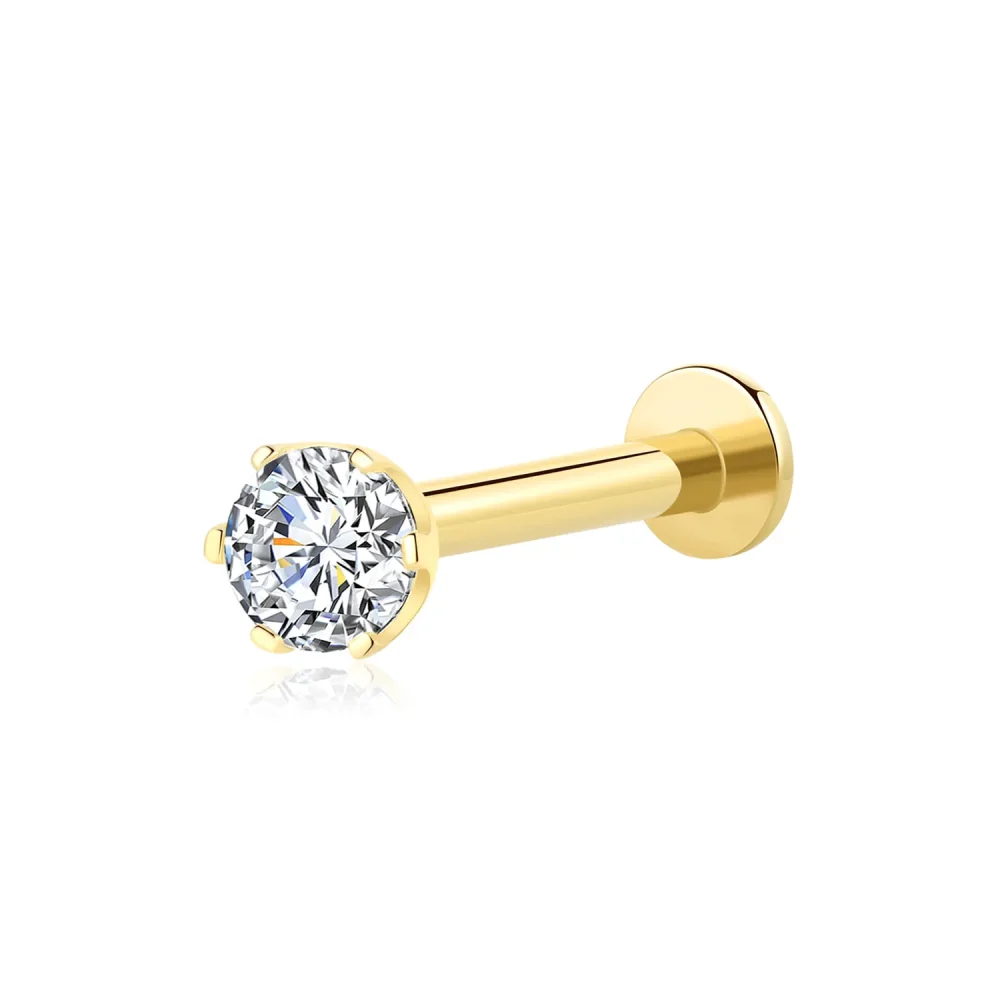 14K Solid Gold Threadless Labret Stud with Simple 3mm CZ Stone