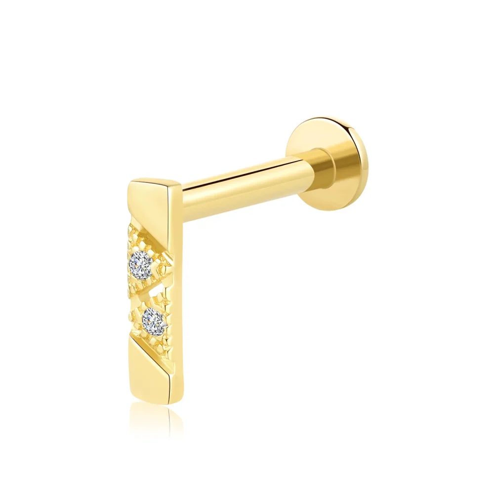 14K Solid Gold Threadless Labret Stud with Simple Rectangle CZ Stone Design