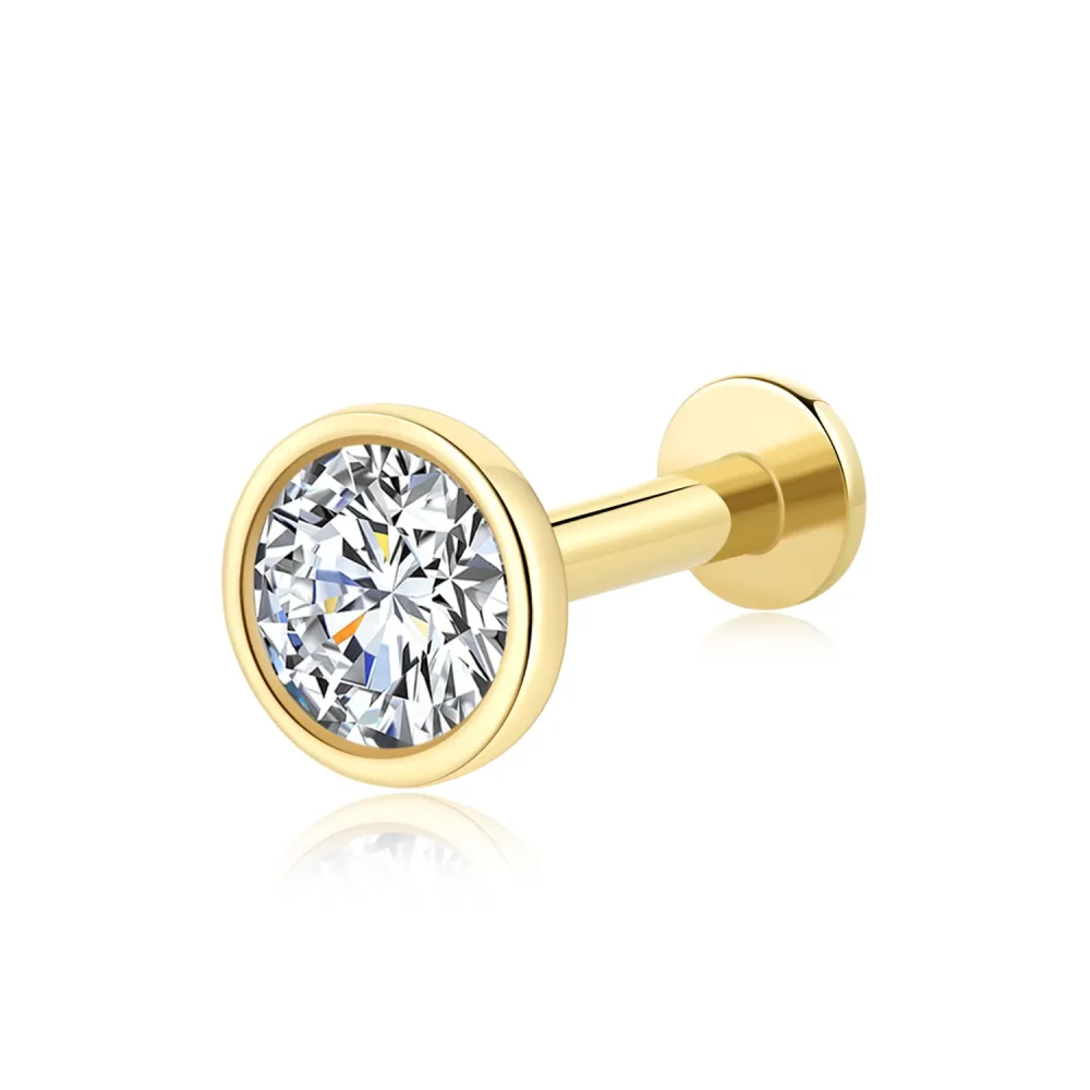 14K Solid Gold Classic Design Threadless Labret Stud with 4mm CZ Stone – Classic Design