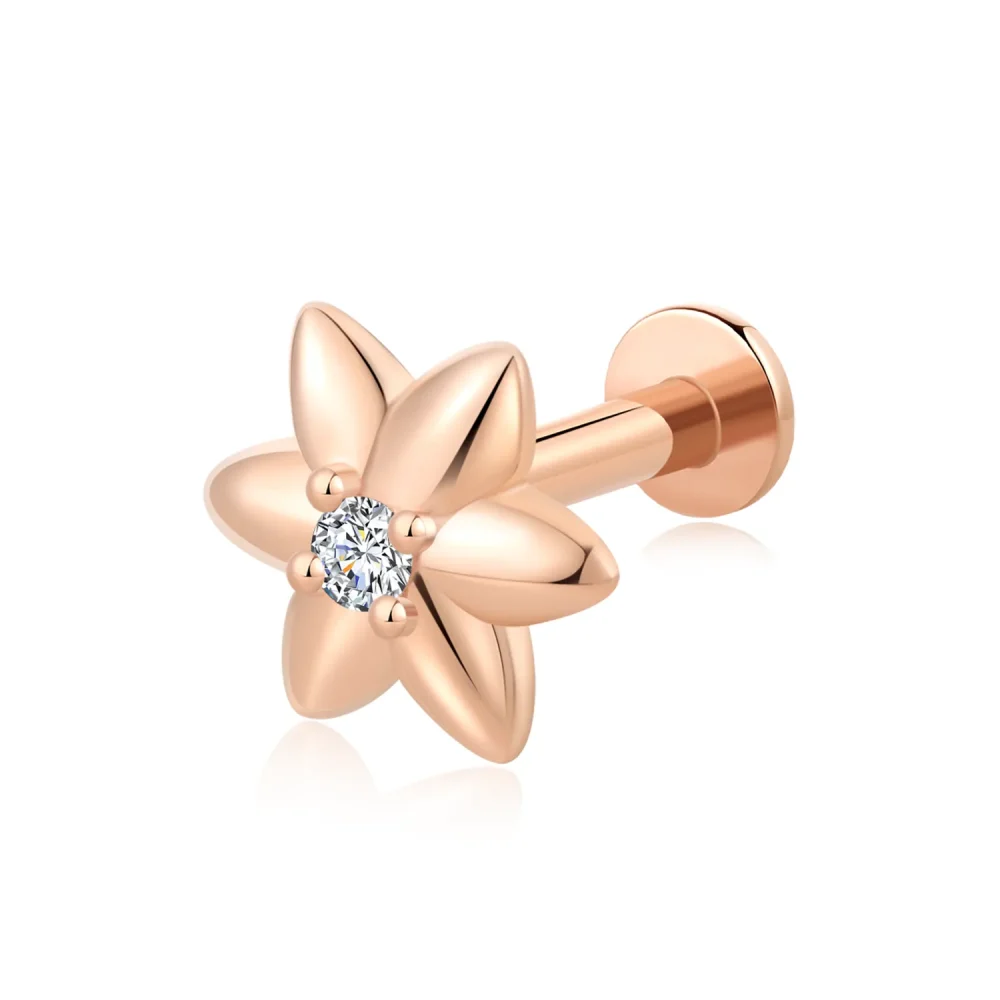 14K Rose Gold Flower Design Threadless Labret Stud with CZ Stone