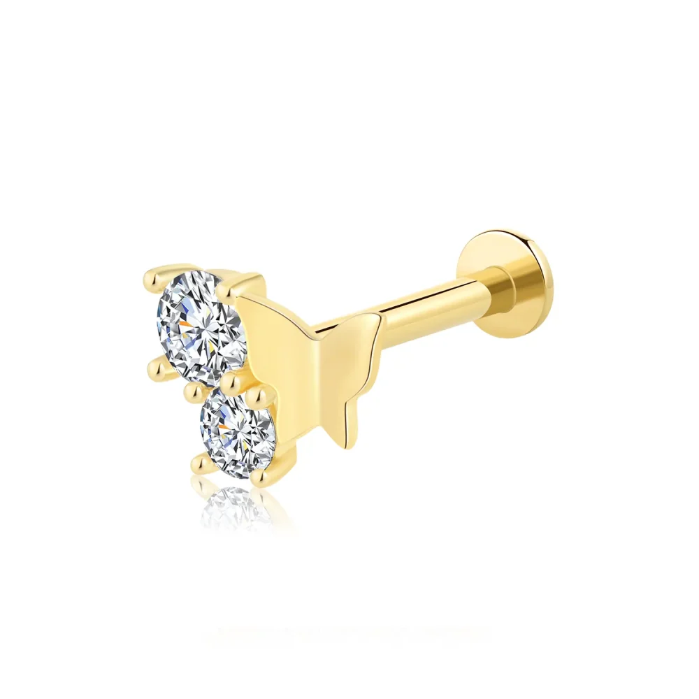 14K Solid Gold Threadless Butterfly Labret Stud with CZ Stones