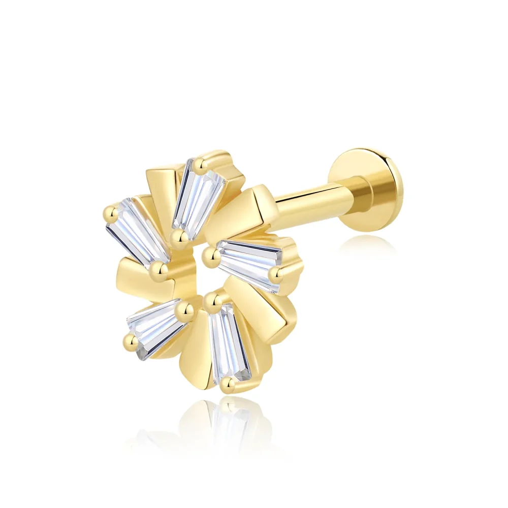 14K Solid Gold Sunburst Design Threadless Labret Stud with CZ Stone