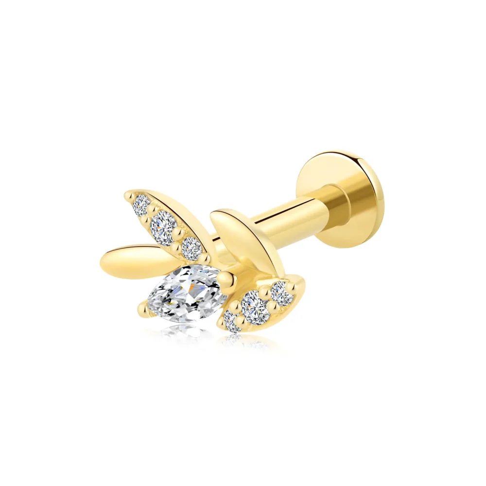 14K Solid Gold Internally Threaded Leaf Labret Stud with CZ Stones