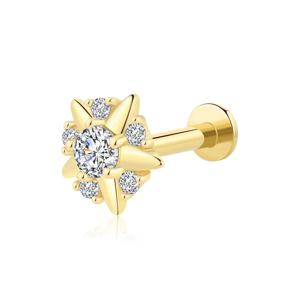 14K Solid Gold Internally Threaded Starfish Labret Stud with CZ Stones