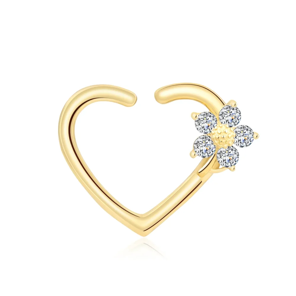 14K Solid Gold Heart Seamless Ring with CZ Stone Flower Accent