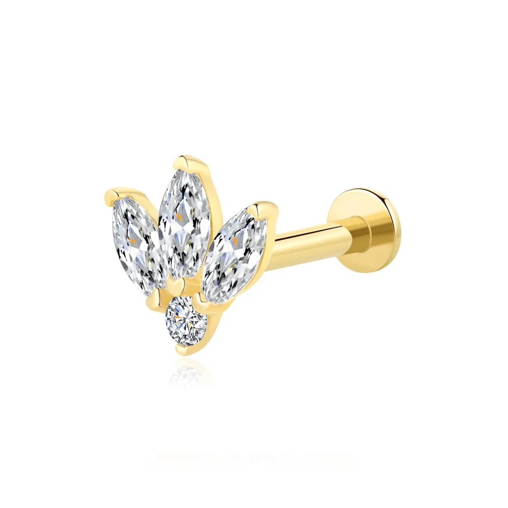 14K Solid Gold Internally Threaded Labret Stud with Triple CZ Stones