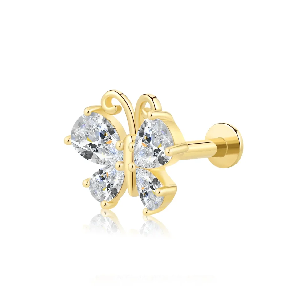 14K Solid Gold Internally Threaded Butterfly Labret Stud with CZ Stones