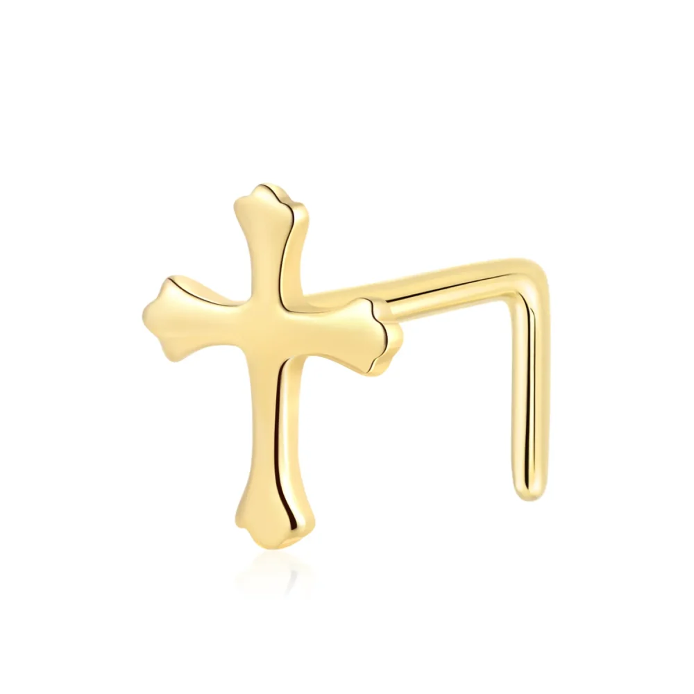 14K Solid Gold L-Shape Cartoon Cross Nose Ring