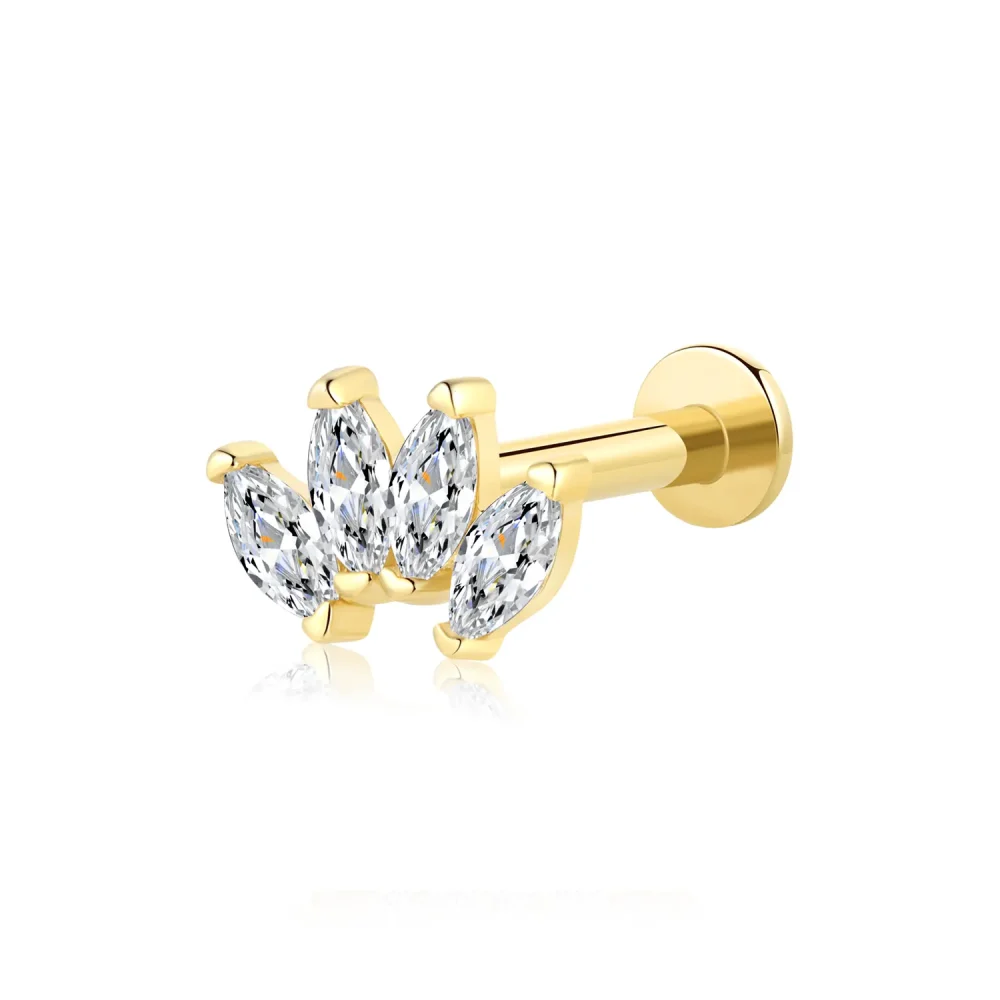 14K Solid Gold Threadless Labret Stud with Four Marquise CZ Stones