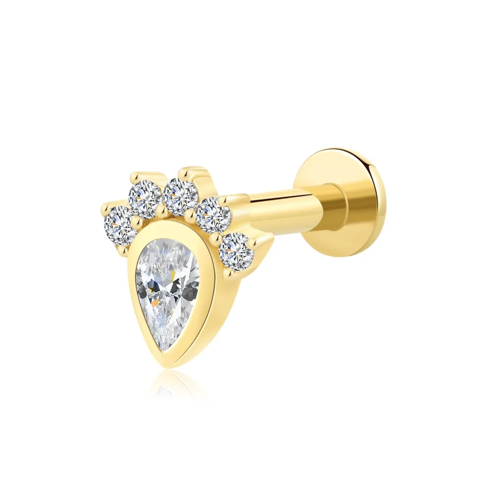 14K Solid Gold Threadless Labret Stud with Teardrop CZ and Paw Design