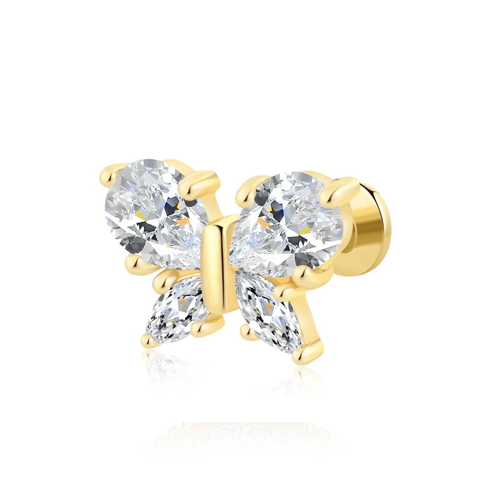 14K Solid Gold Threadless Labret Stud with Butterfly CZ Design