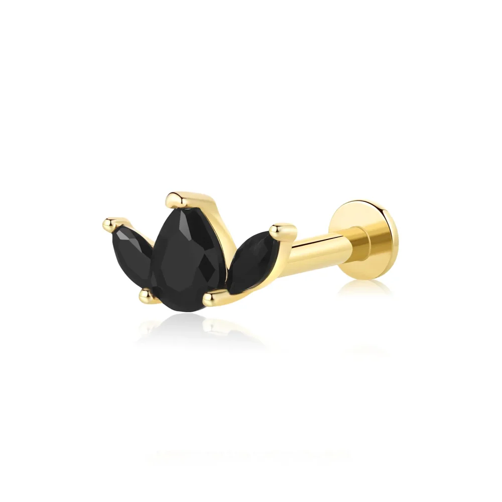 14K Solid Gold Threadless Labret Stud with Three Black CZ Stones