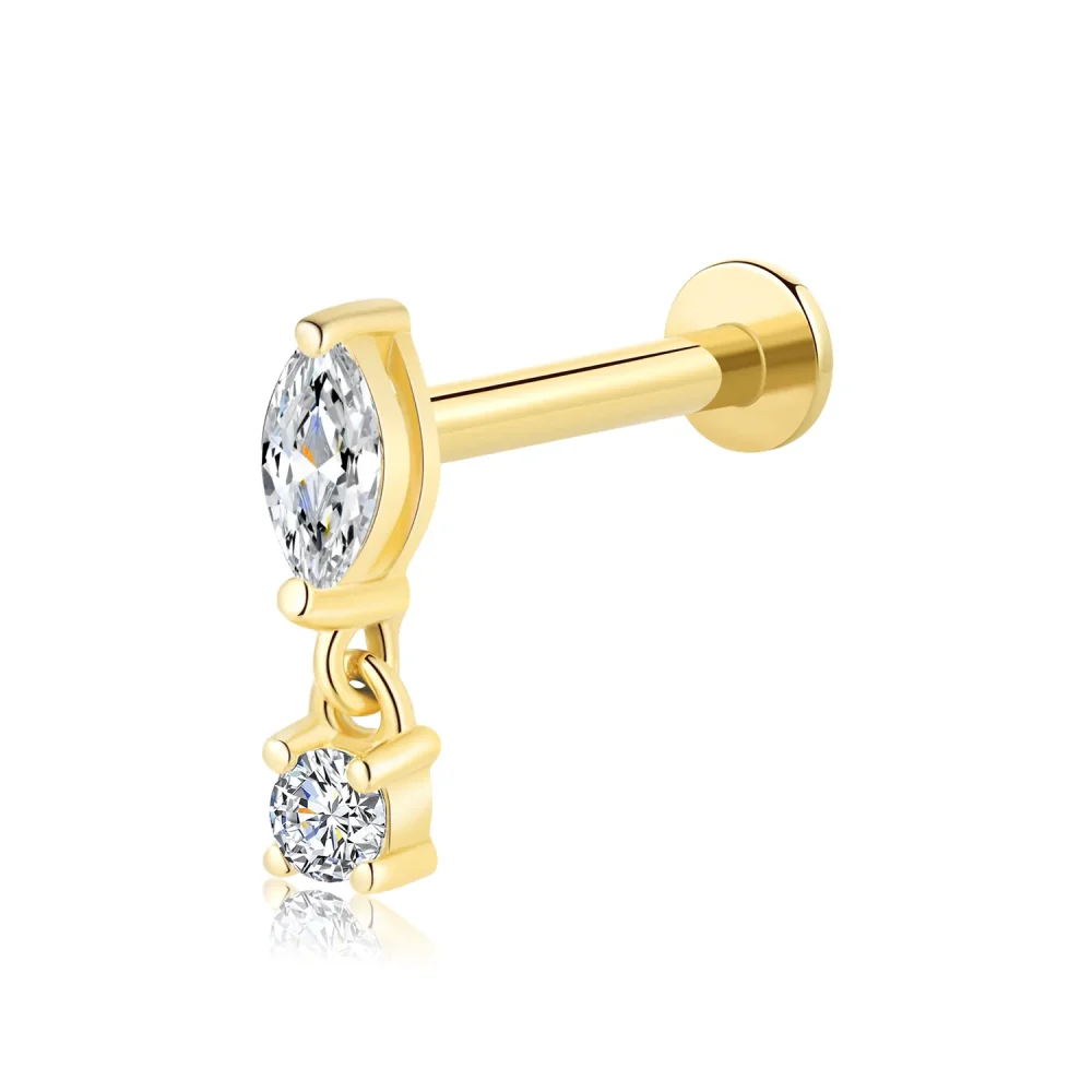 14K Solid Gold Threadless Labret Stud with CZ Stones and Dangle