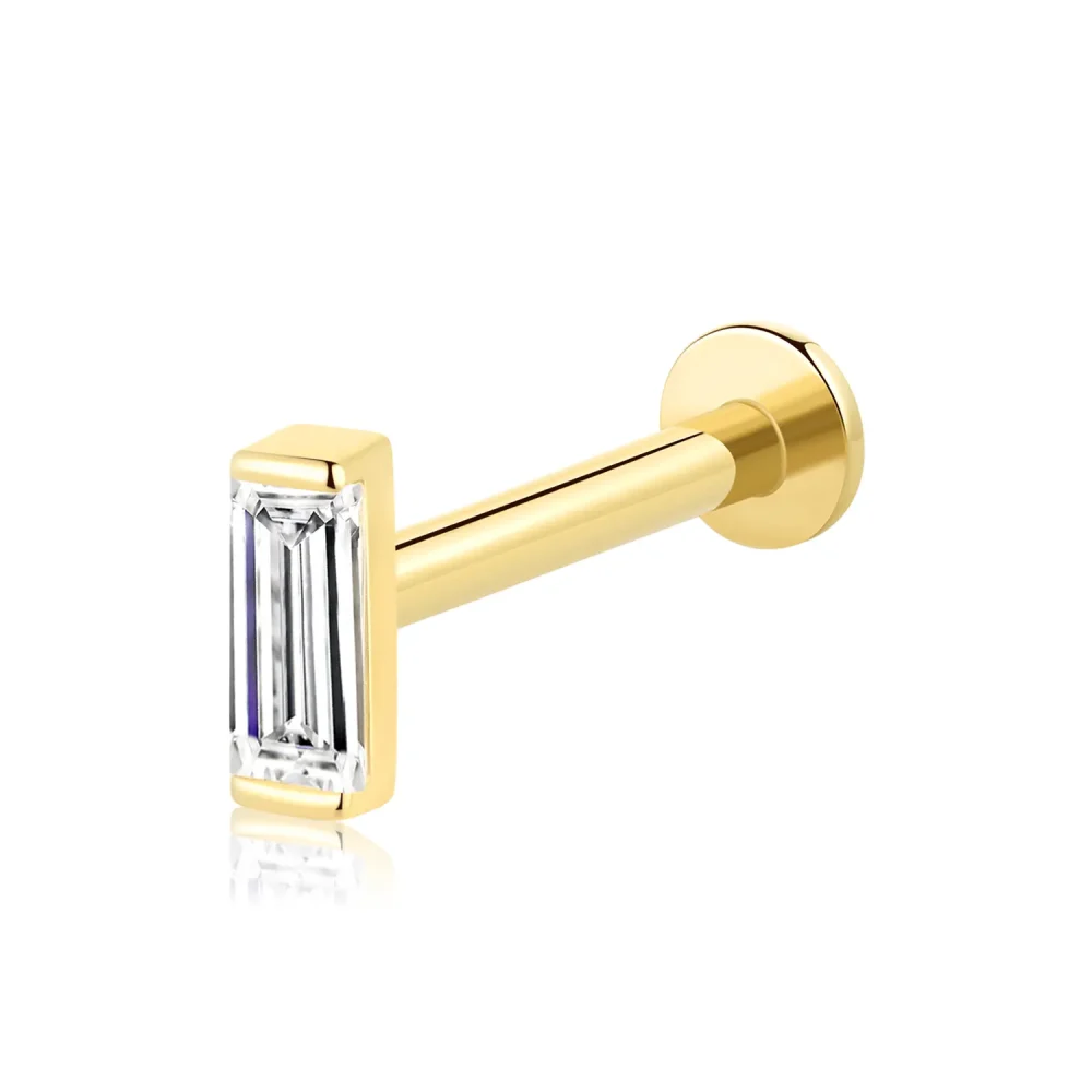 14K Solid Gold Threadless Rectangular CZ Labret Stud