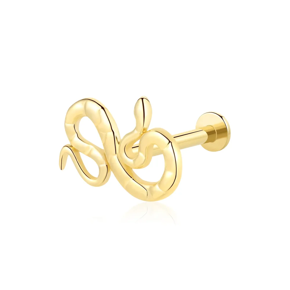 14K Solid Gold Snake Shape Threadless Labret Stud Body Jewelry