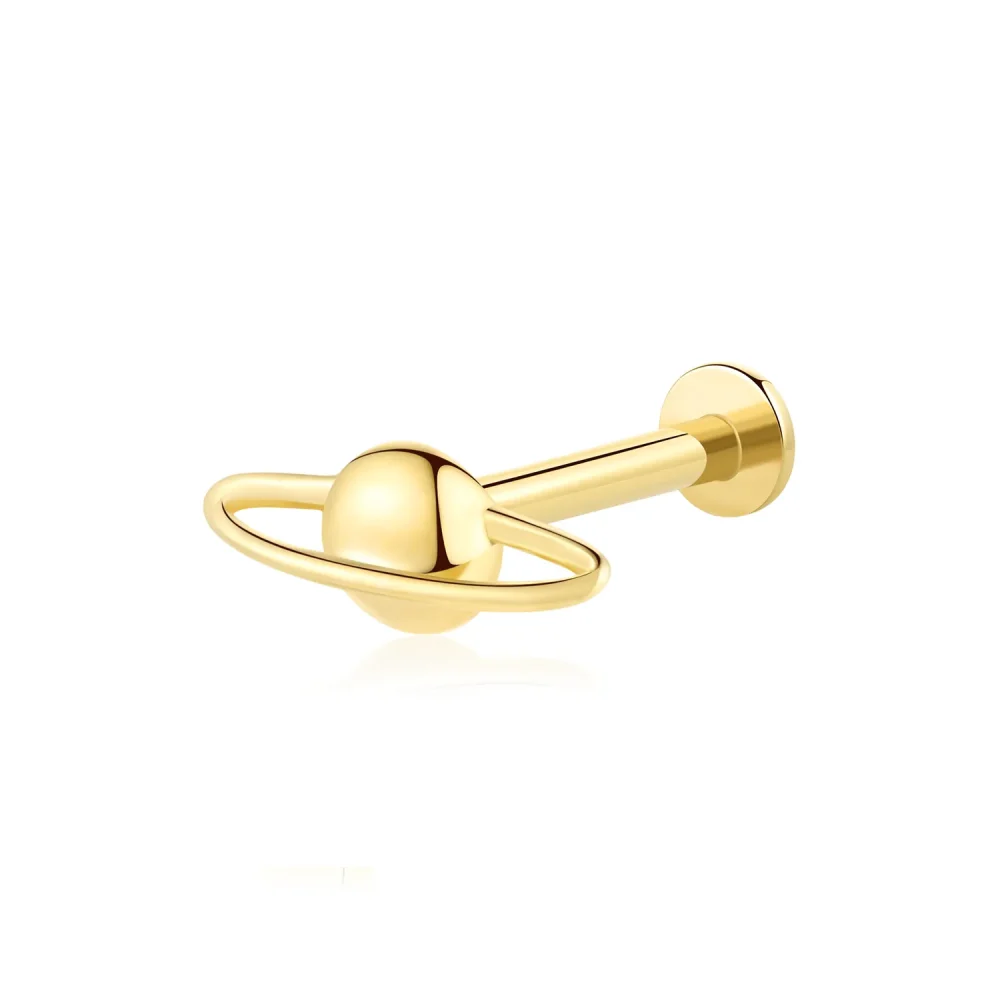 14K Solid Gold Threadless Planet Labret Stud Piercing Jewelry