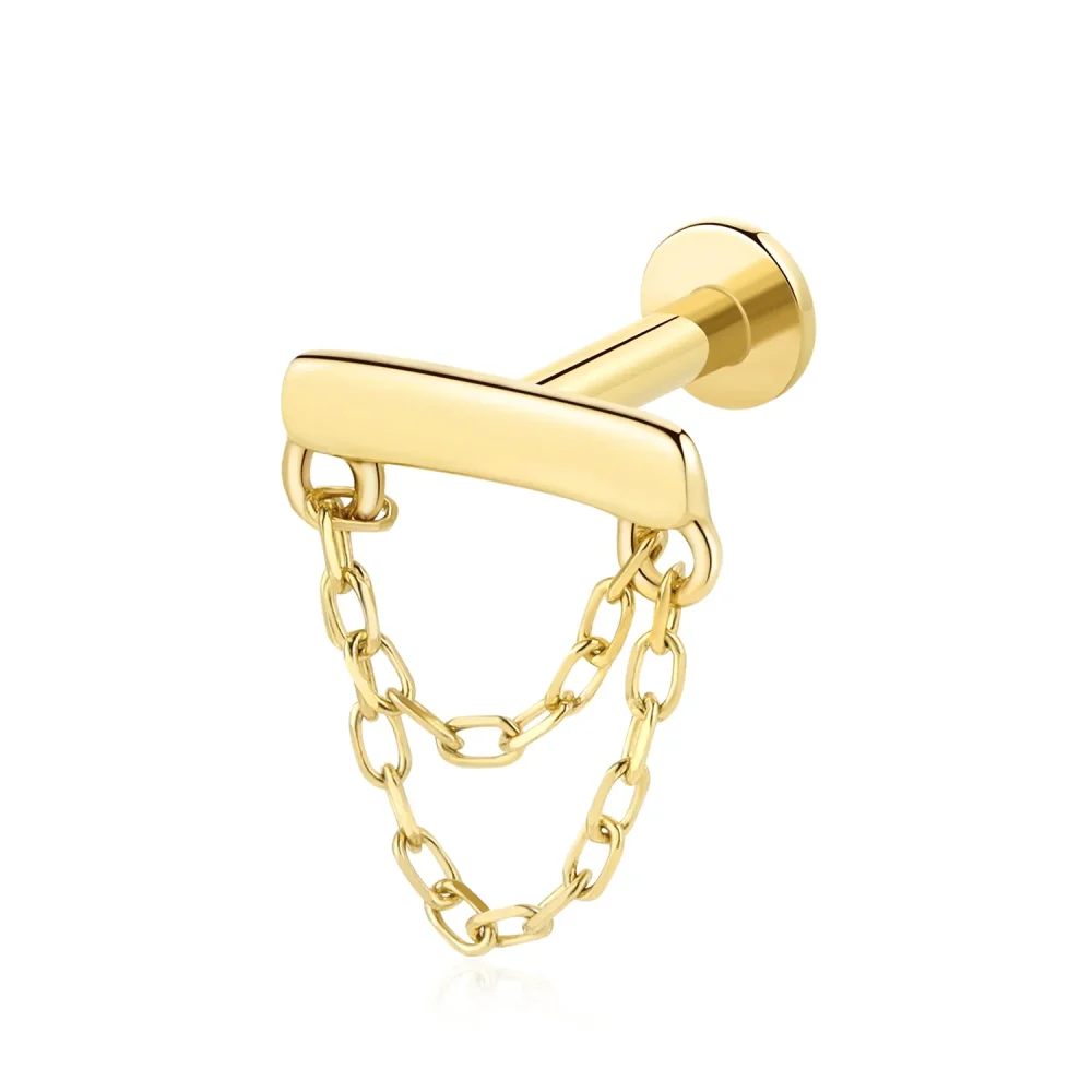 14K Solid Gold Threadless Labret Stud with Minimalist Rectangle and Chains