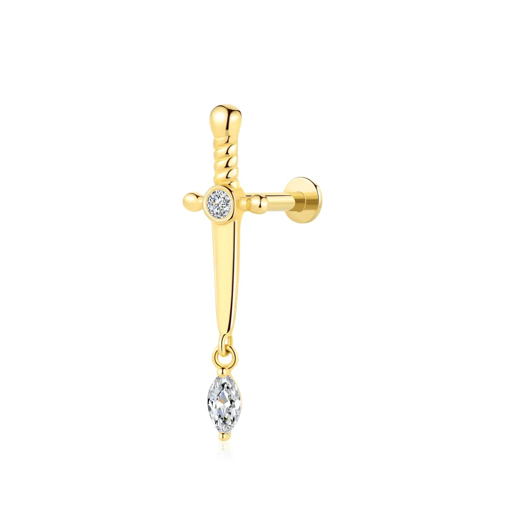 14K Solid Gold Internally Threaded Dagger Labret Stud with CZ Stone Pendant