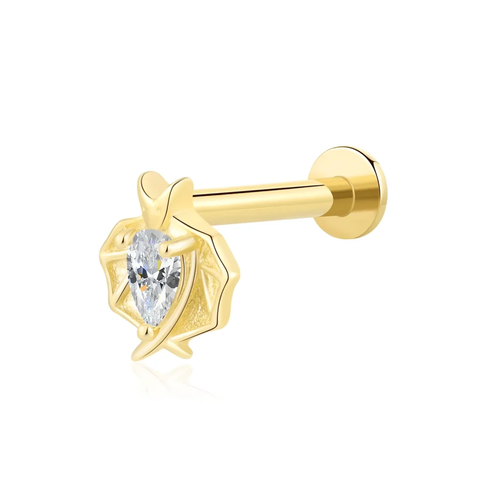 14K Solid Gold Internally Threaded Bat Labret Stud with CZ Stone