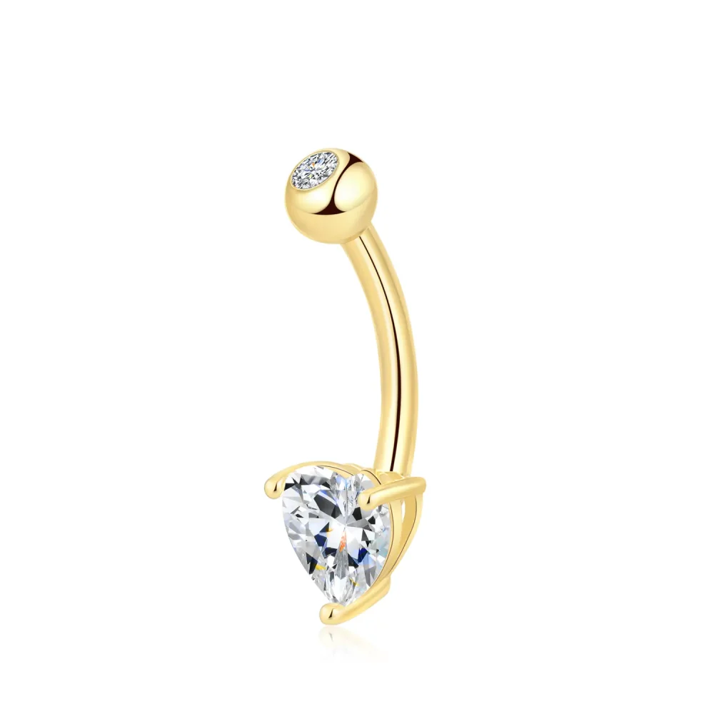 14K Solid Gold Externally Threaded Belly Ring with Heart-Shaped CZ Stone