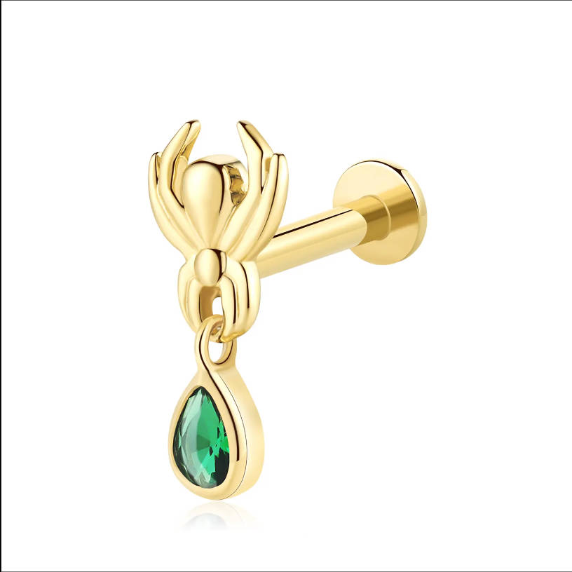 14K Solid Gold Threadless Labret Stud with Spider Design and Green CZ Drop