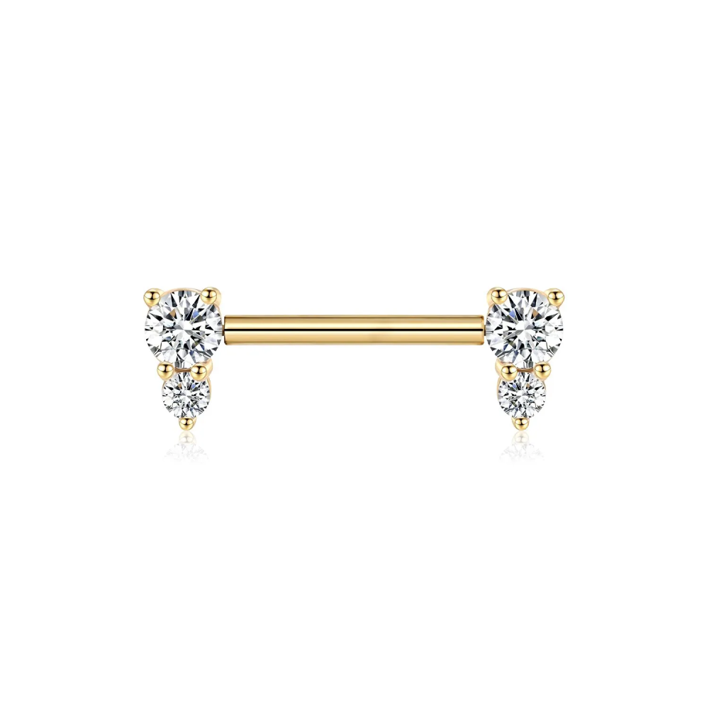 14K Solid Gold CZ Clear Round Gem Body Piercing Nipple Piercing Barbell