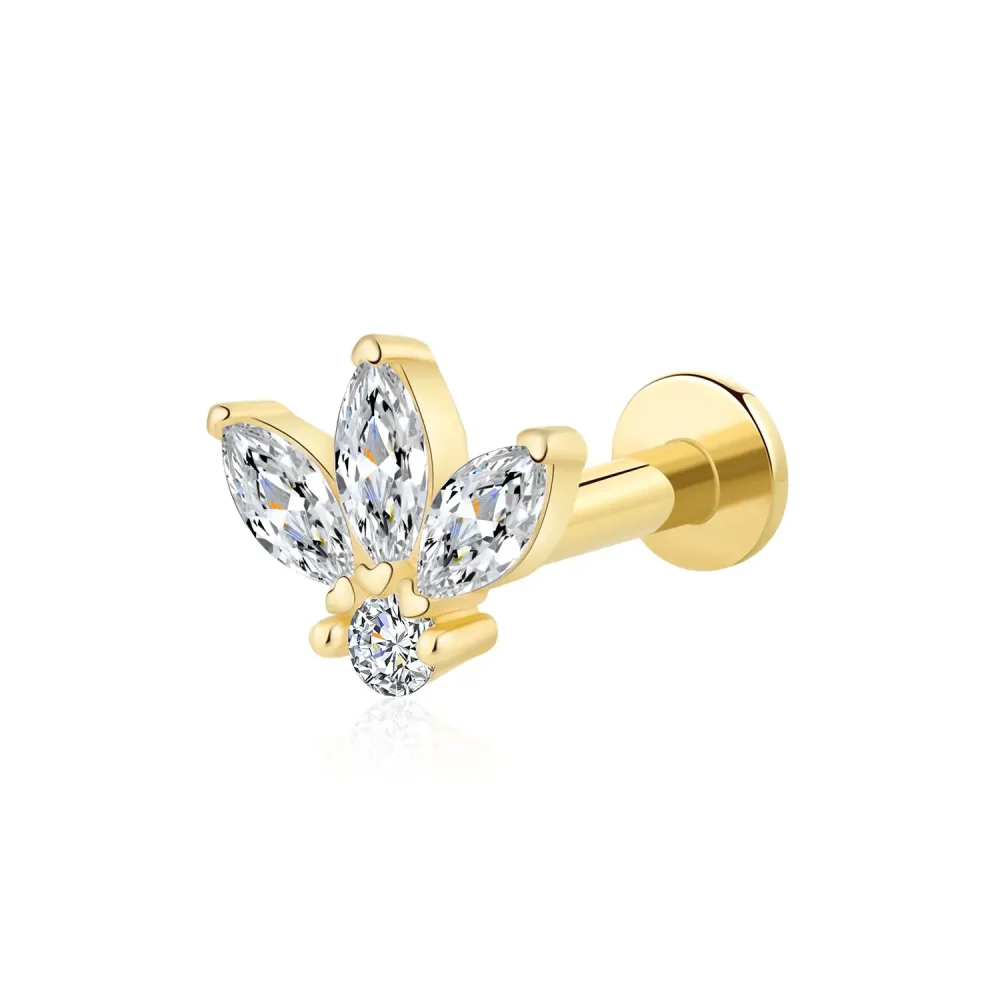 14K Solid Gold Internally Threaded Labret Stud with Marquise and Round CZ Stones