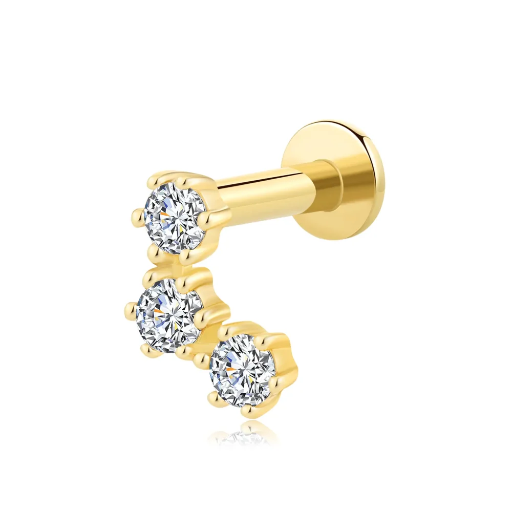 14K Solid Gold Threadless Labret Stud with Triple CZ Stones