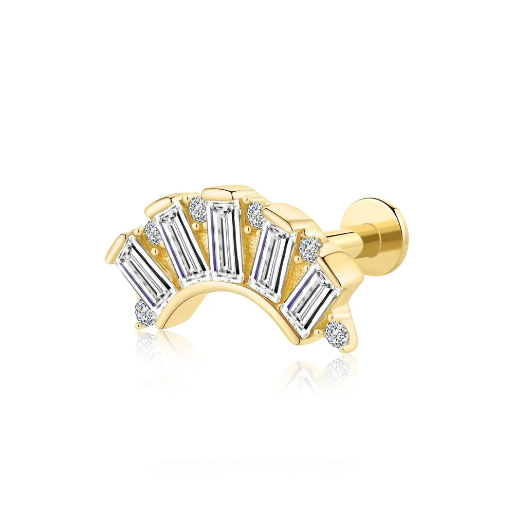 14K Solid Gold Threadless Labret Stud with Five Rectangular CZ Stones