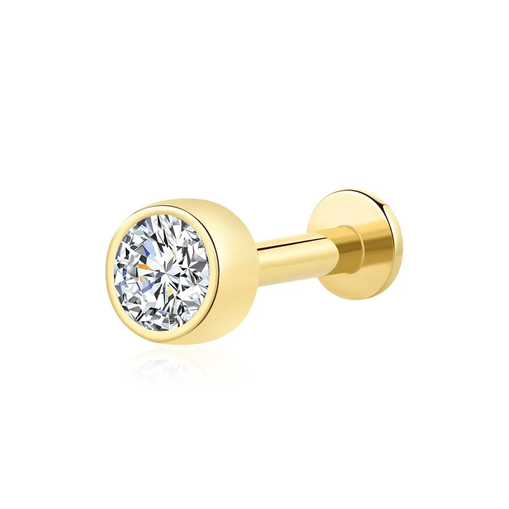 14K Solid Gold Threadless Labret Stud with Simple Round CZ