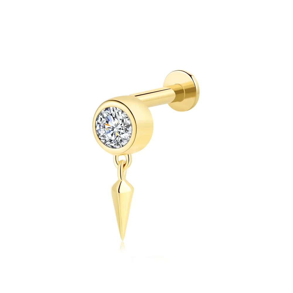 14K Solid Gold Threadless Labret Stud with Round CZ and Dangle Spike