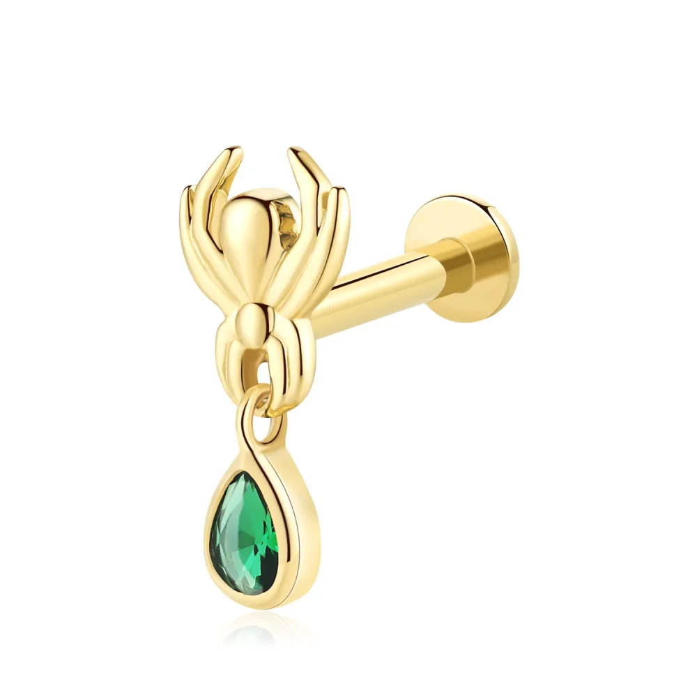 14K Solid Gold Threadless Labret Stud with Spider Design and Green CZ Drop