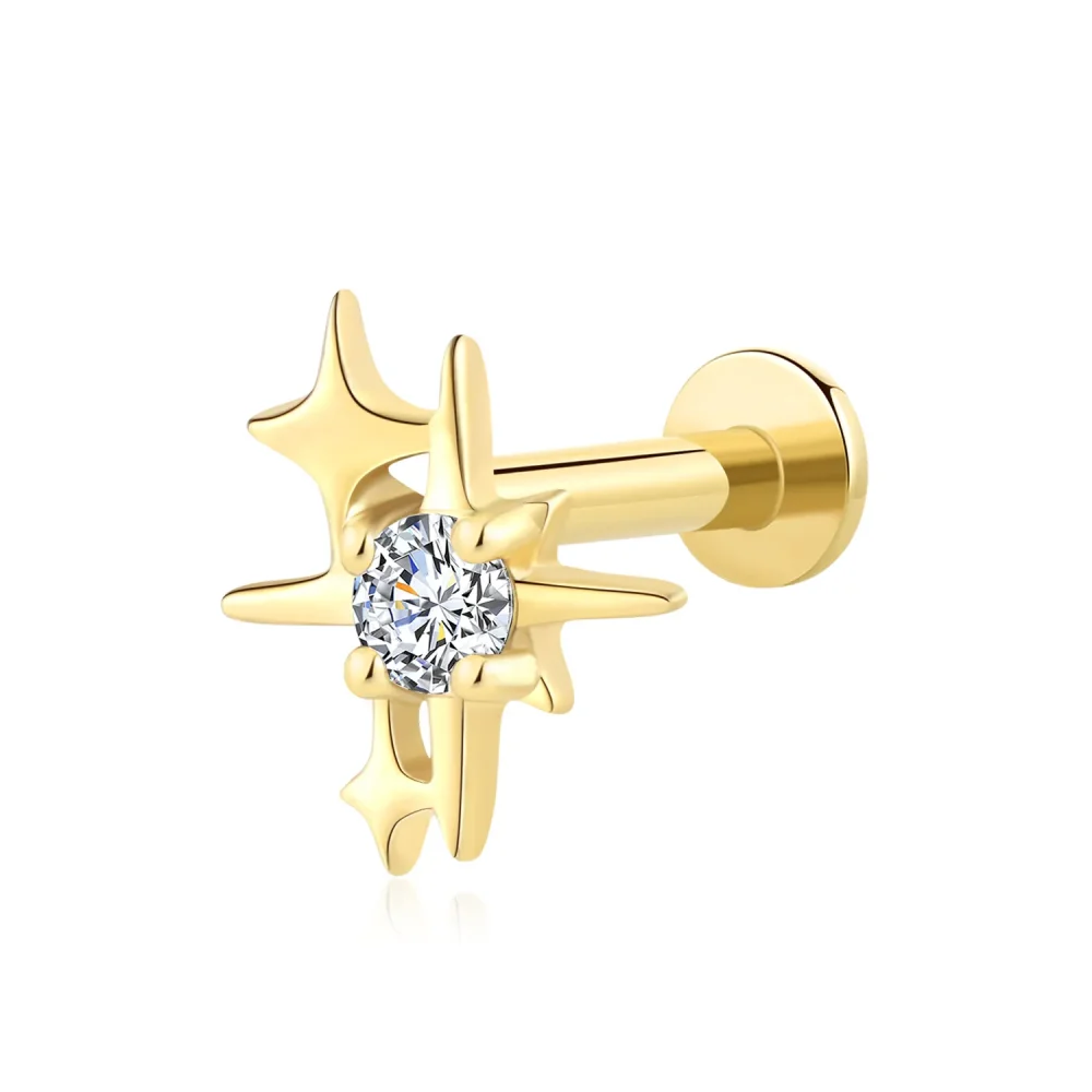 14K Solid Gold Star Cluster Threadless Labret Stud with Sparkling CZ Stone