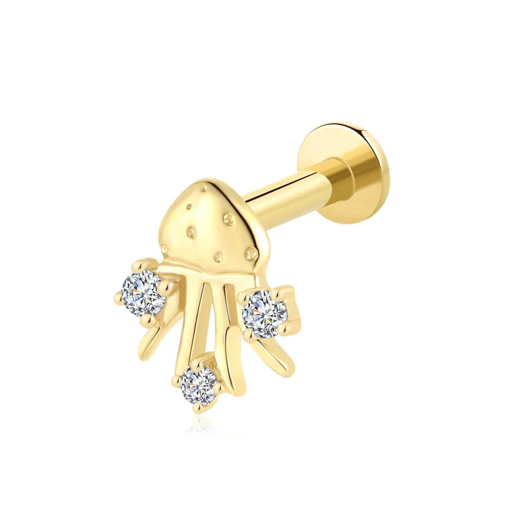 14K Solid Gold Squid-Shaped Threadless Labret Stud with CZ Stone