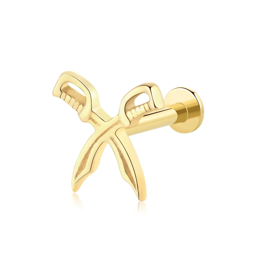 14K Solid Gold Crossed Sailor Knives Threadless Labret Stud