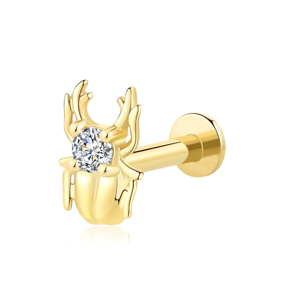 14K Solid Gold Beetle-Shaped Threadless Labret Stud with CZ Stone