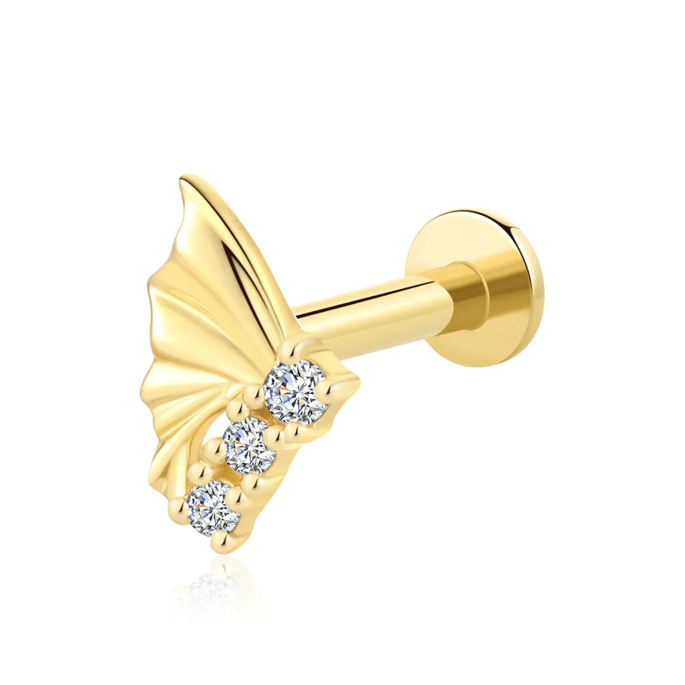 14K Solid Gold Wing-Shaped Threadless Labret Stud with Three CZ Stones