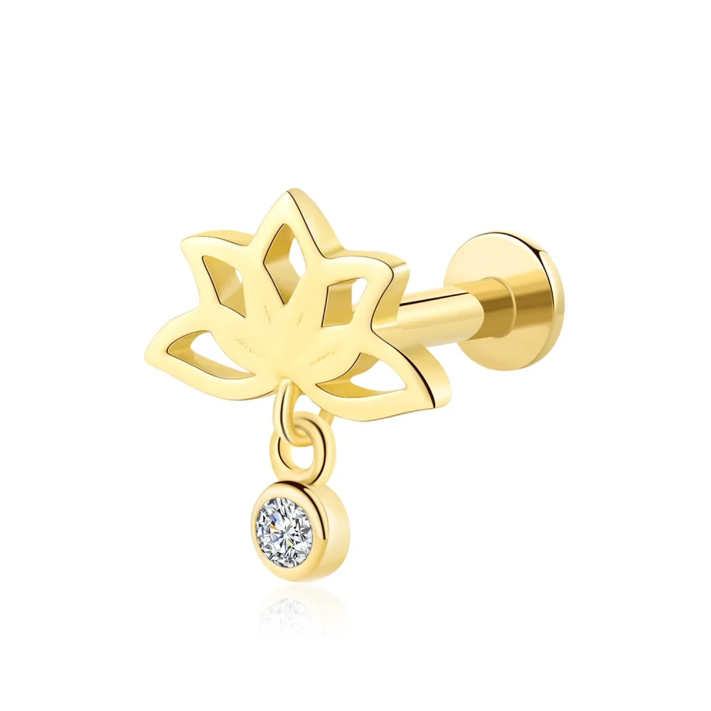 14K Solid Gold Threadless Labret Stud with Lotus Design and CZ Dangle