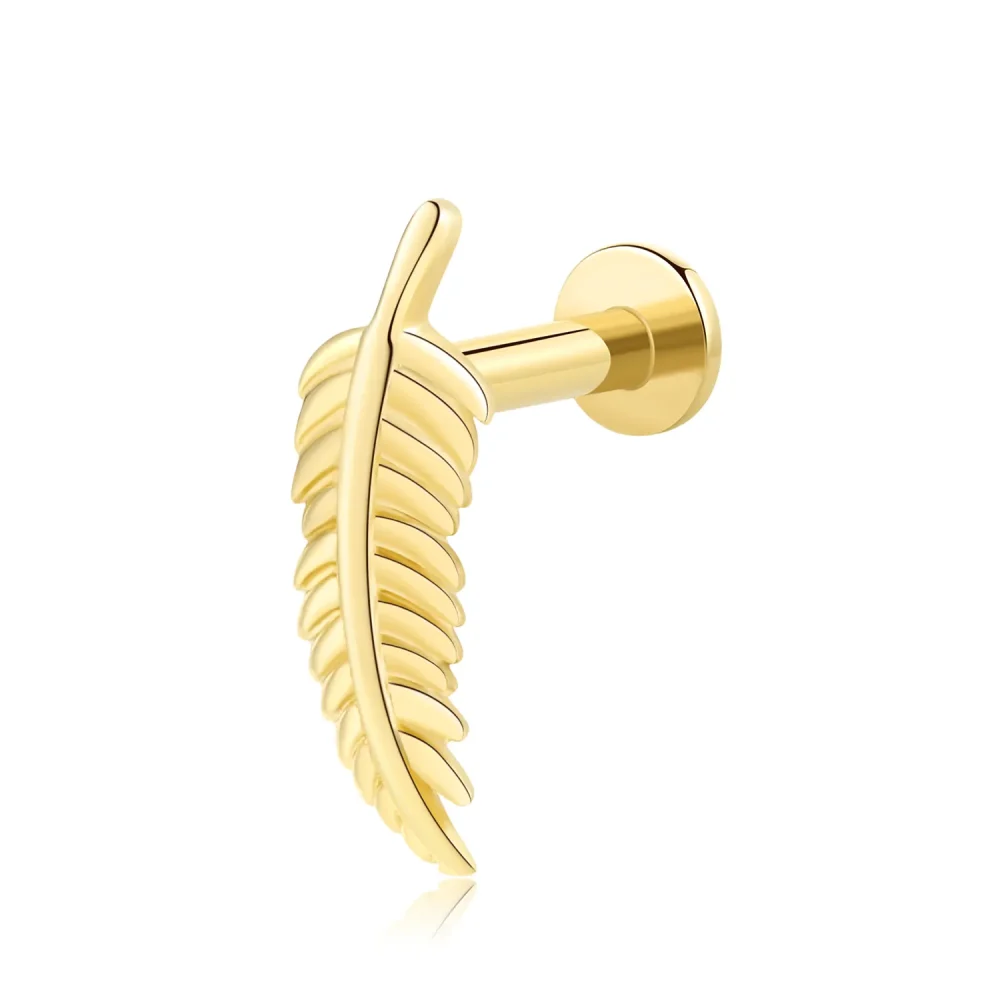 14K Solid Gold Internally Threaded Labret Stud with Minimalist Feather Design