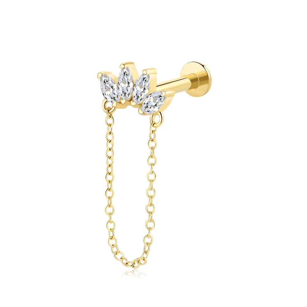 14K Solid Gold Internally Threaded Labret Stud with Four Marquise CZ and Chain