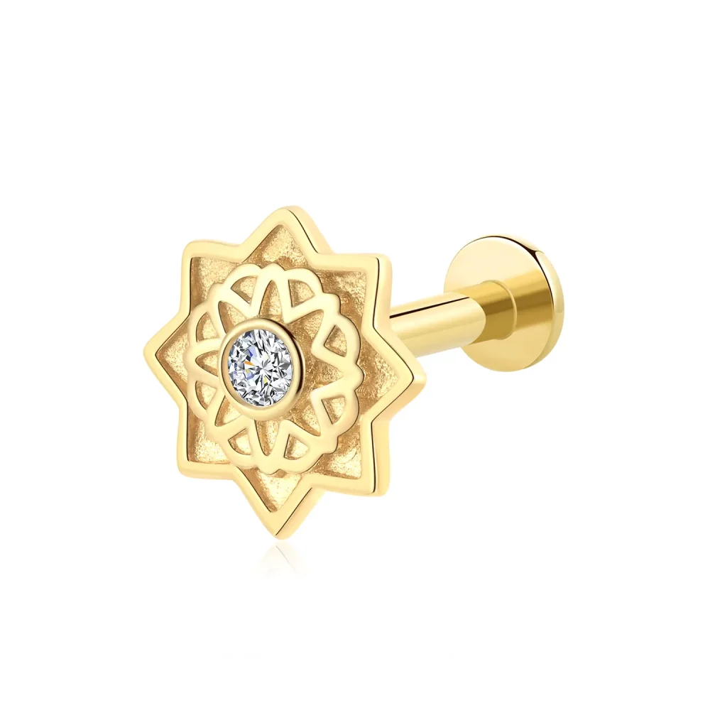 14K Solid Gold Mandala Flower Design Threadless Labret Stud with CZ Stone