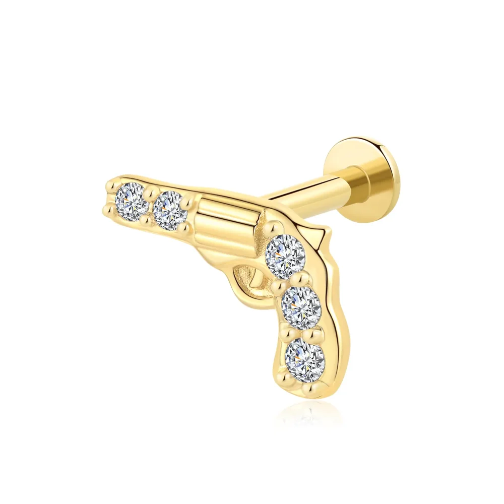 14K Solid Gold Revolver Design Threadless Labret Stud with CZ Stone