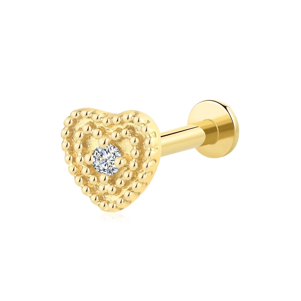 14K Solid Gold Beaded Heart Design Threadless Labret Stud with CZ Stone