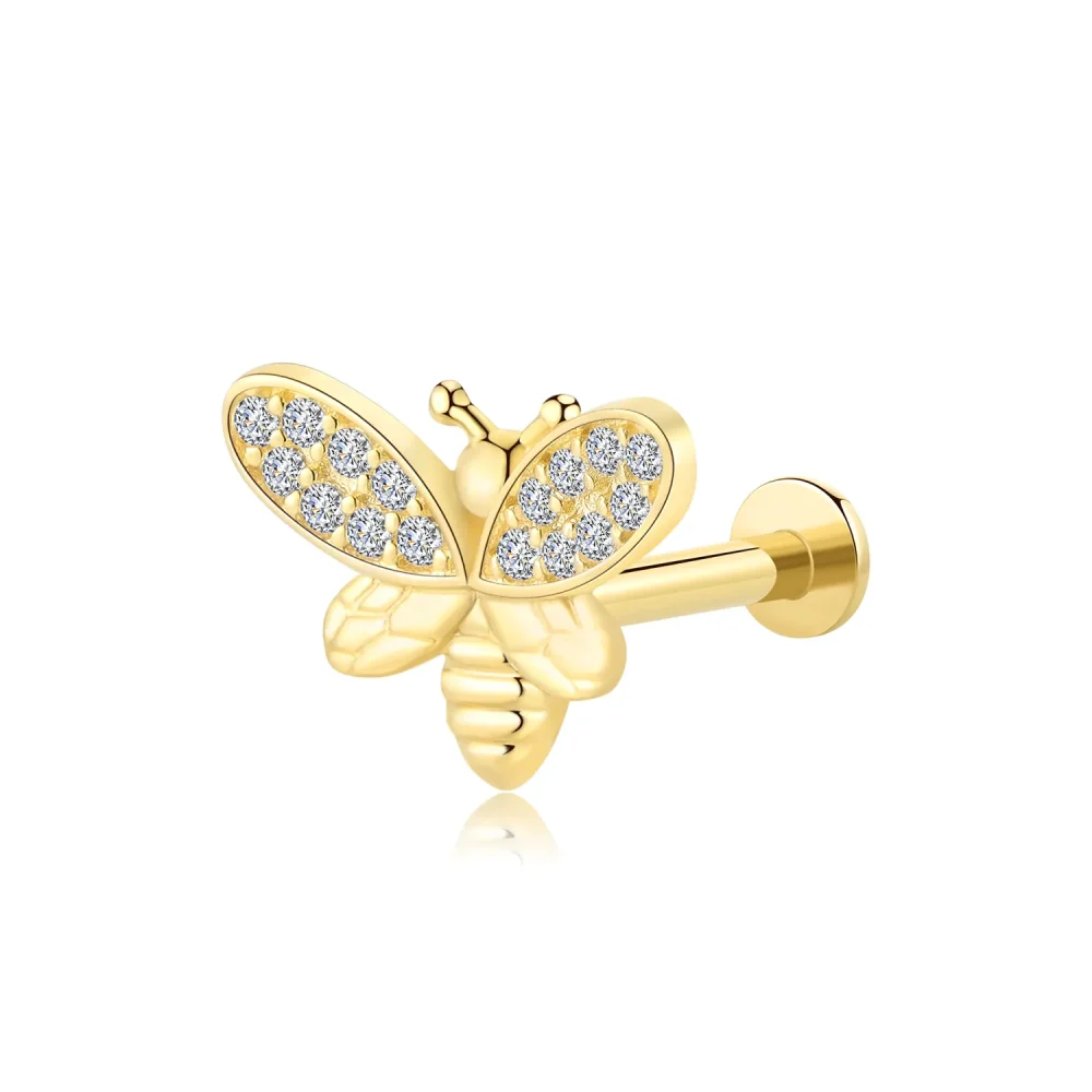 14K Solid Gold Ladybug-Shaped Threadless Labret Stud with CZ Stone