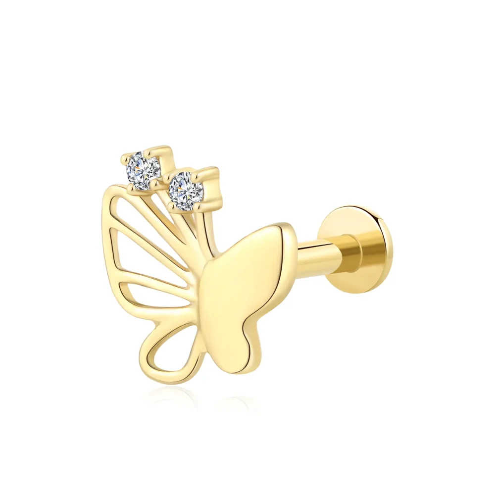 14K Solid Gold Hollow Butterfly Threadless Labret Stud with Two CZ Stones