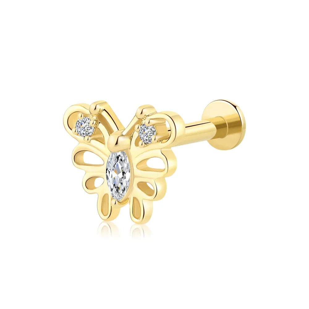 14K Solid Gold Hollow Butterfly Threadless Labret Stud with CZ Stone